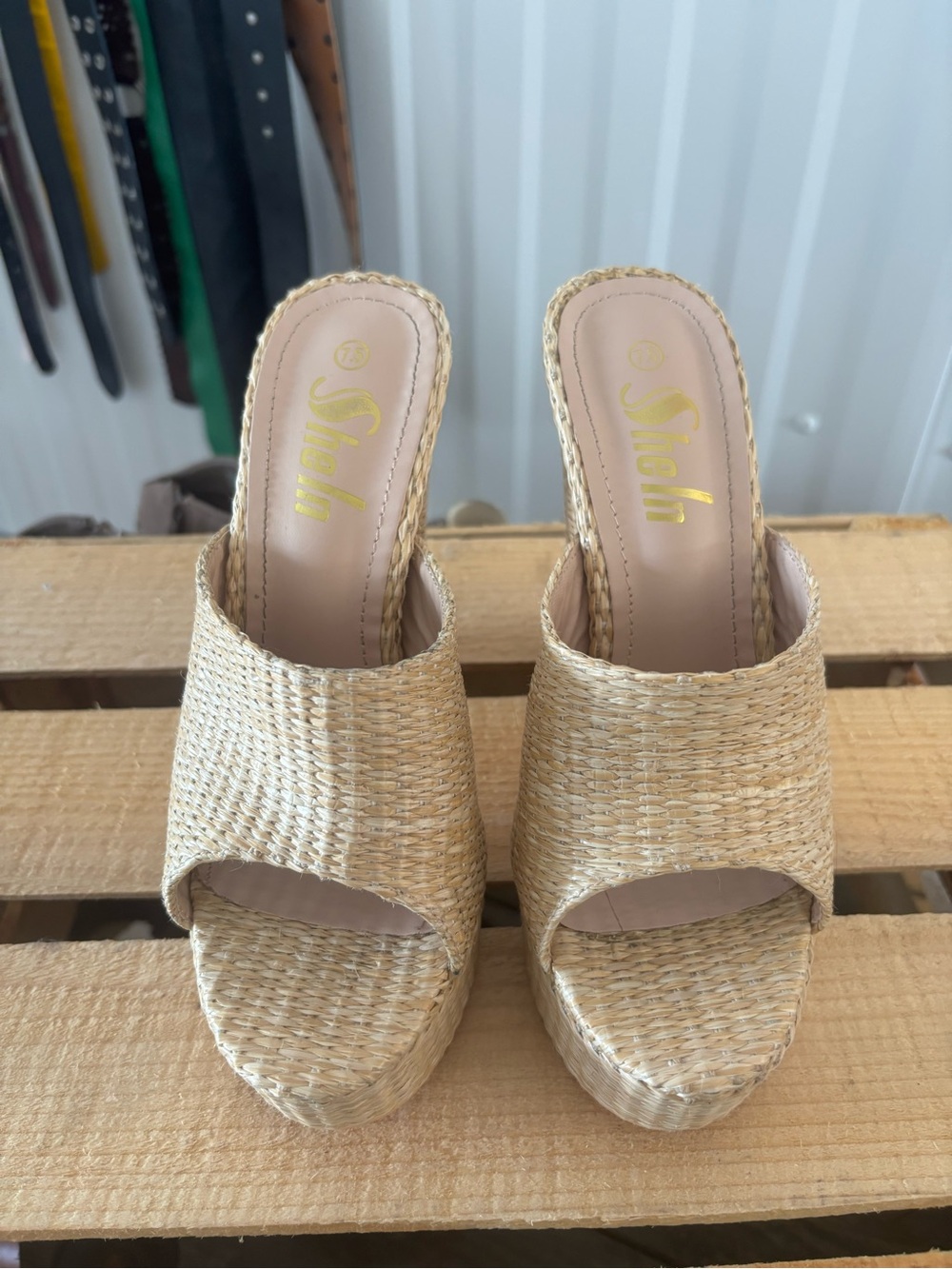SHEIN Natural Woven Open-Toe Mule Sandals